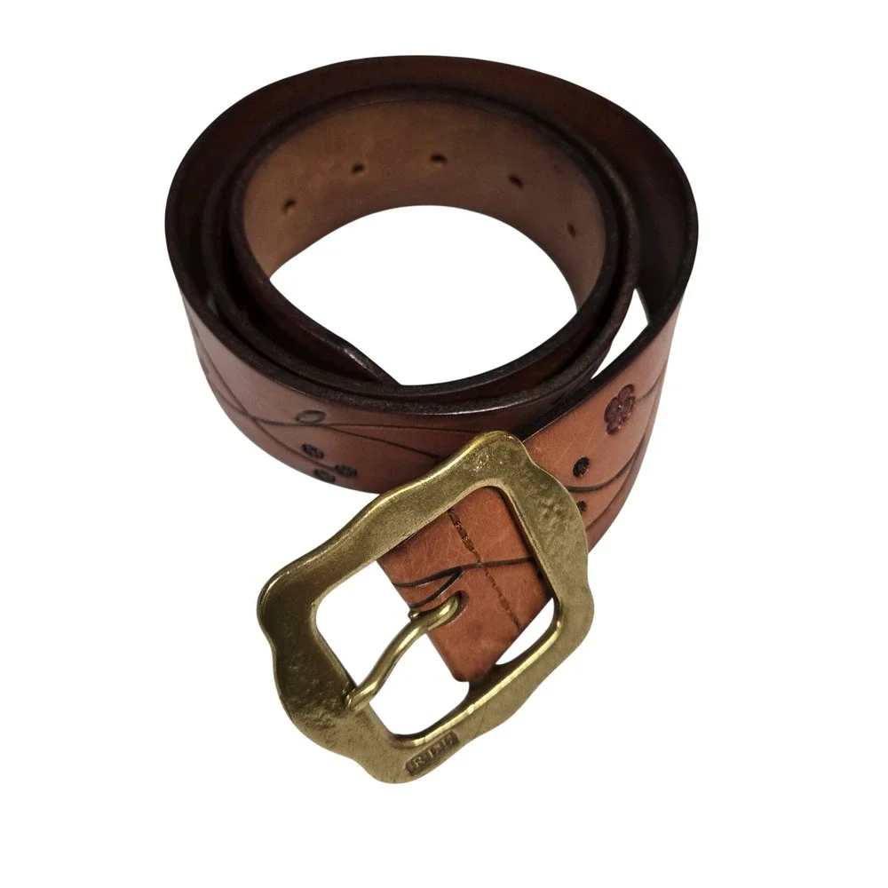 Lauren Ralph Lauren Brown Leather Floral Embossed Belt Solid Brass Buckle Large